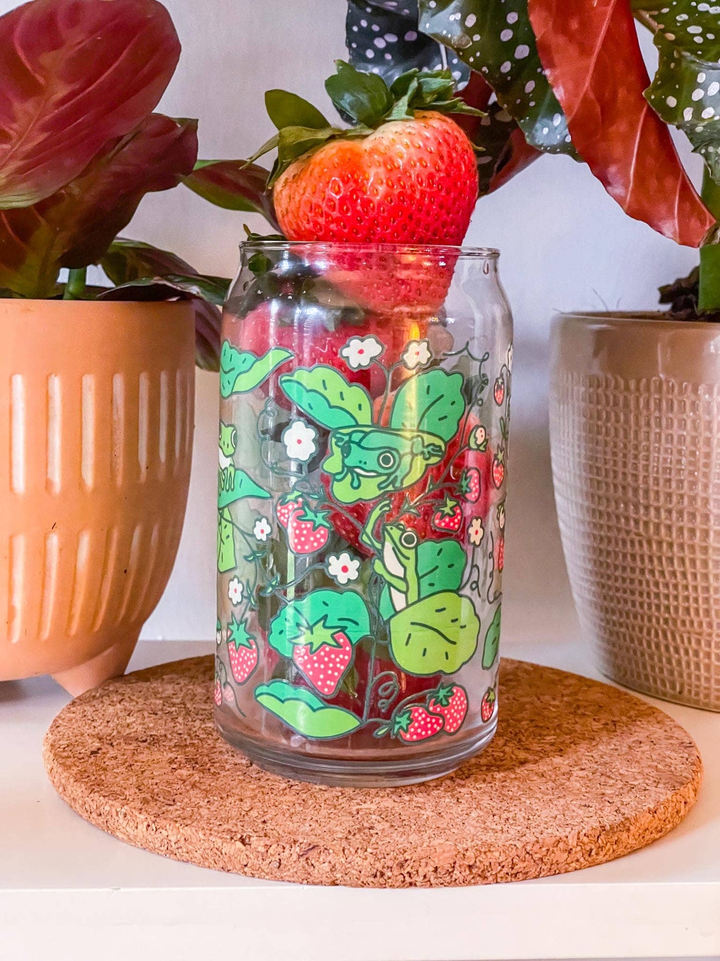 Strawberry Frog Can Glass | cottage core, berries & frogs