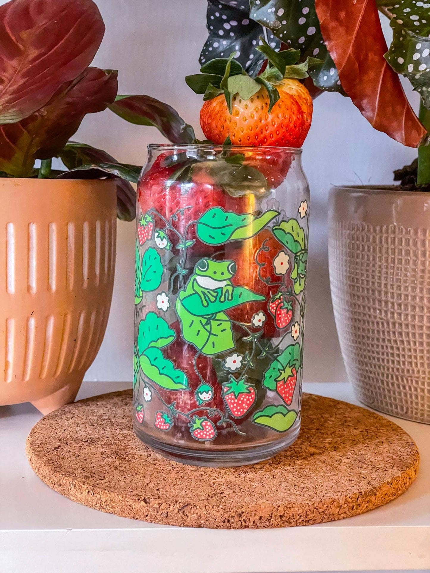 Strawberry Frog Can Glass | cottage core, berries & frogs