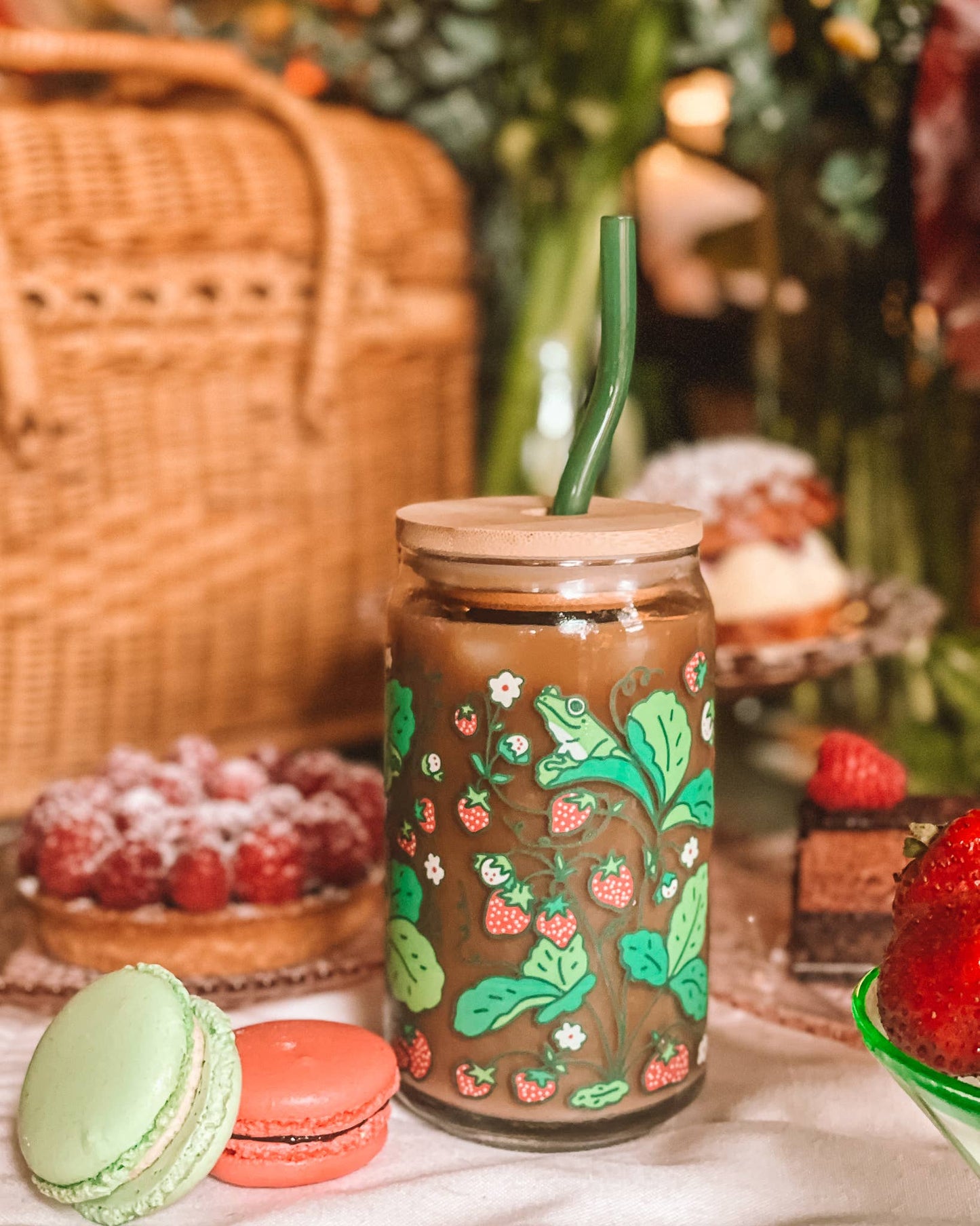 Strawberry Frog Can Glass | cottage core, berries & frogs