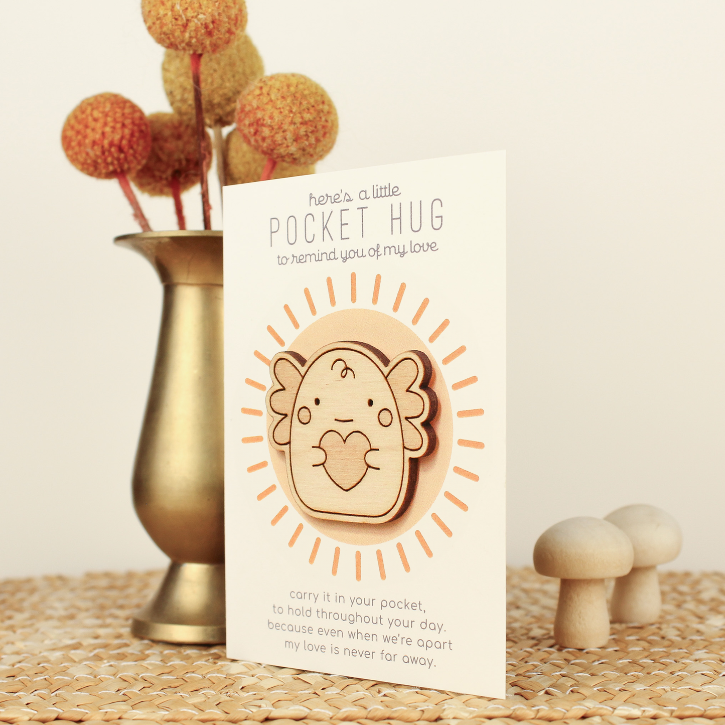Wooden Pocket Hug, Axolotl. Thinking of You Gift
