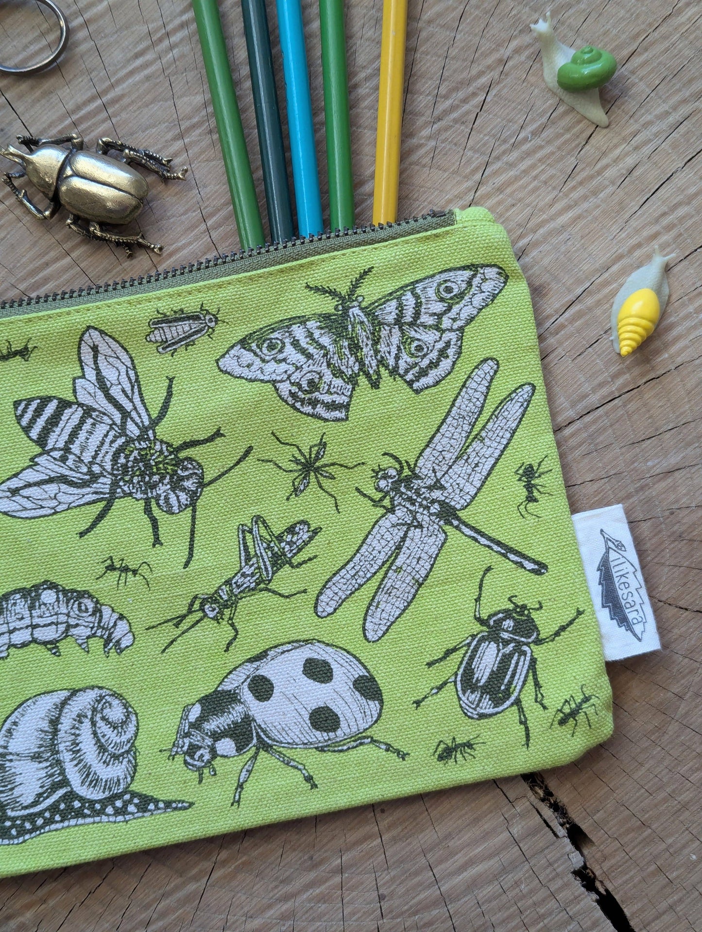 Zippered pouch | insecta - light green pencil, supply, makeup bag with waterproof lining