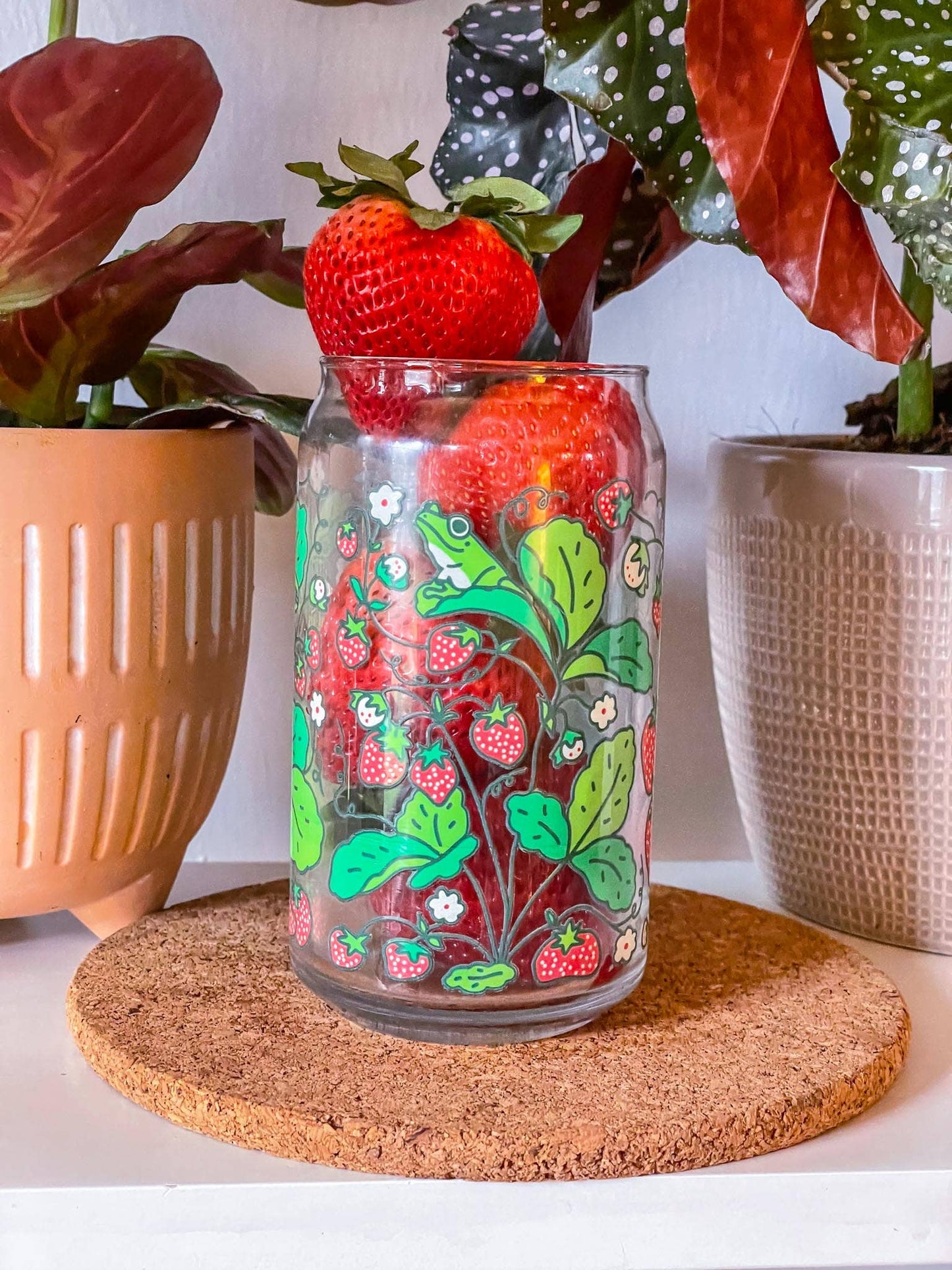 Strawberry Frog Can Glass | cottage core, berries & frogs