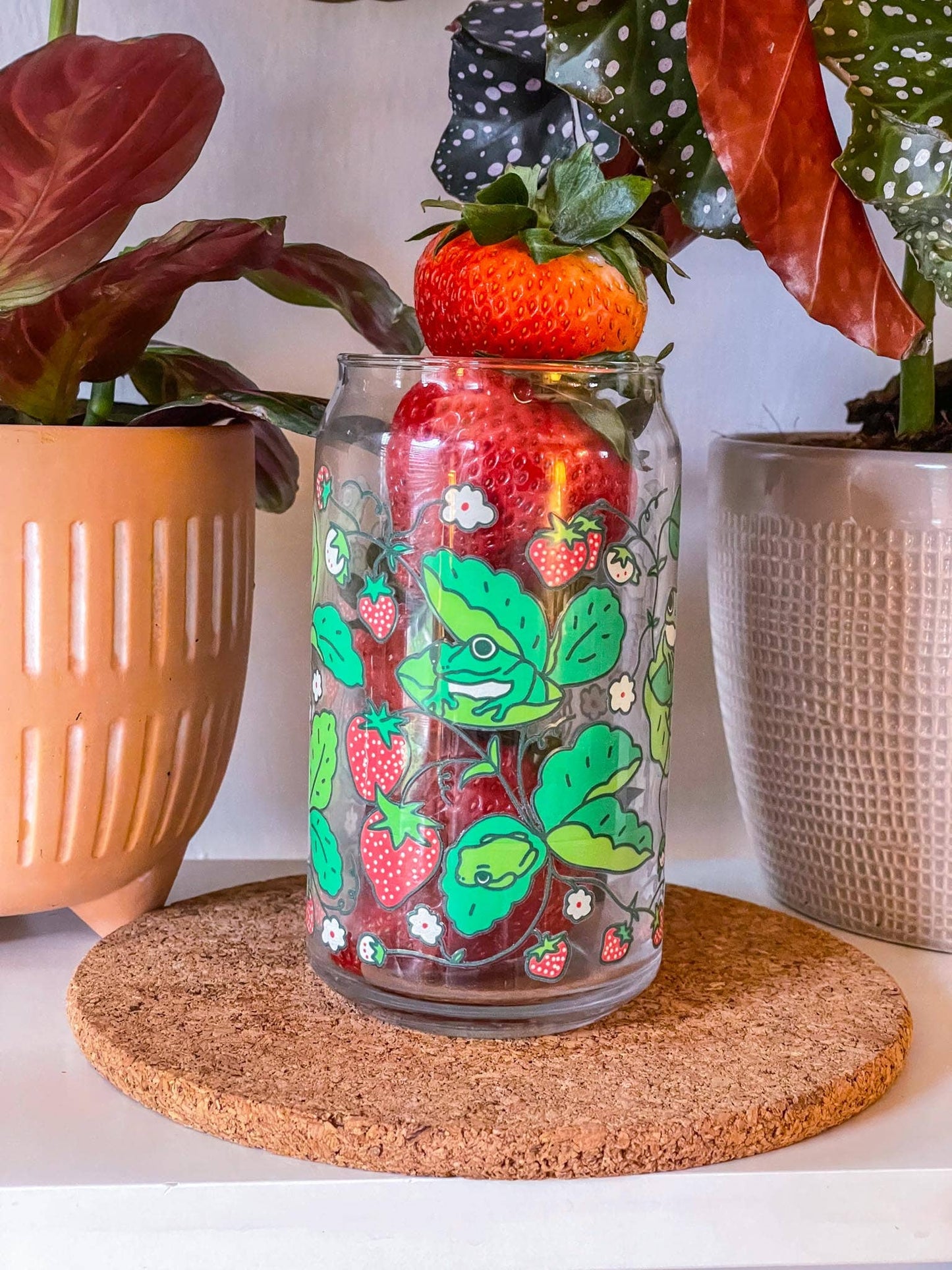 Strawberry Frog Can Glass | cottage core, berries & frogs