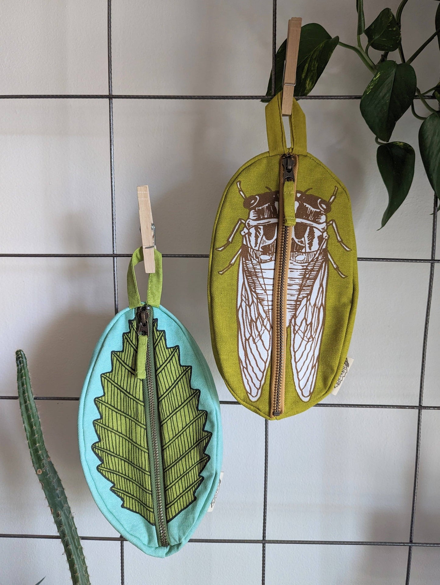 Zippered pouch | cicada - yellow & brown bug/insect pencil, supply, makeup bag with waterproof lining