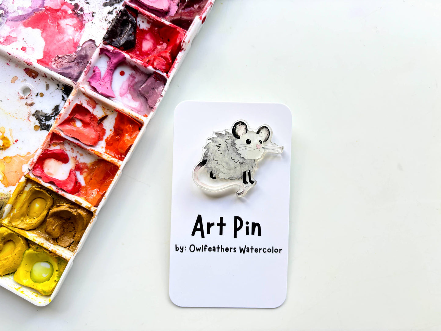 Baby Possum Pin – Cute Woodland Animal Watercolor Art