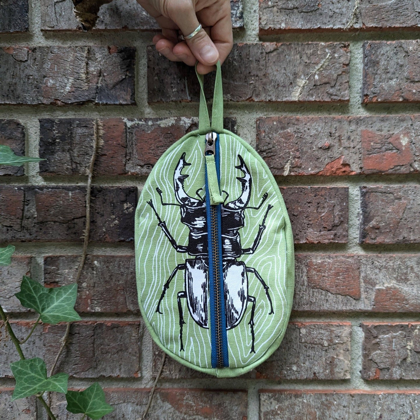 Zippered pouch | stag beetle - green insect/bug pencil, supply, makeup bag with waterproof lining