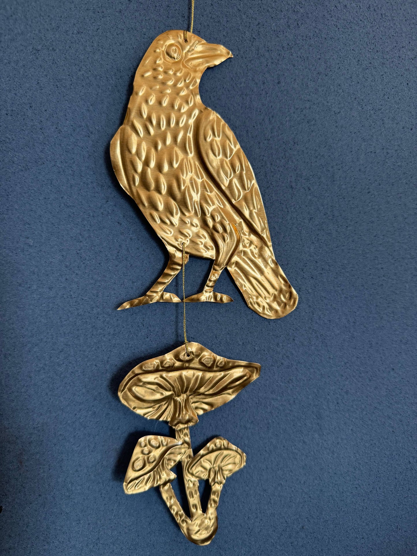 Embossed gold tin Crow and Mushrooms hanging decoration