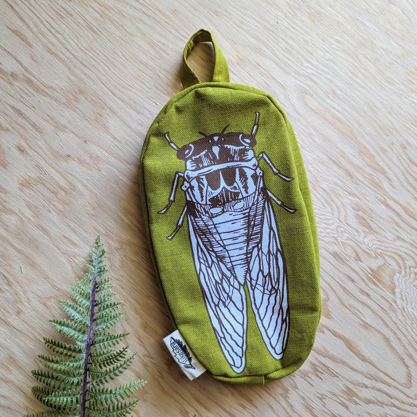 Zippered pouch | cicada - yellow & brown bug/insect pencil, supply, makeup bag with waterproof lining