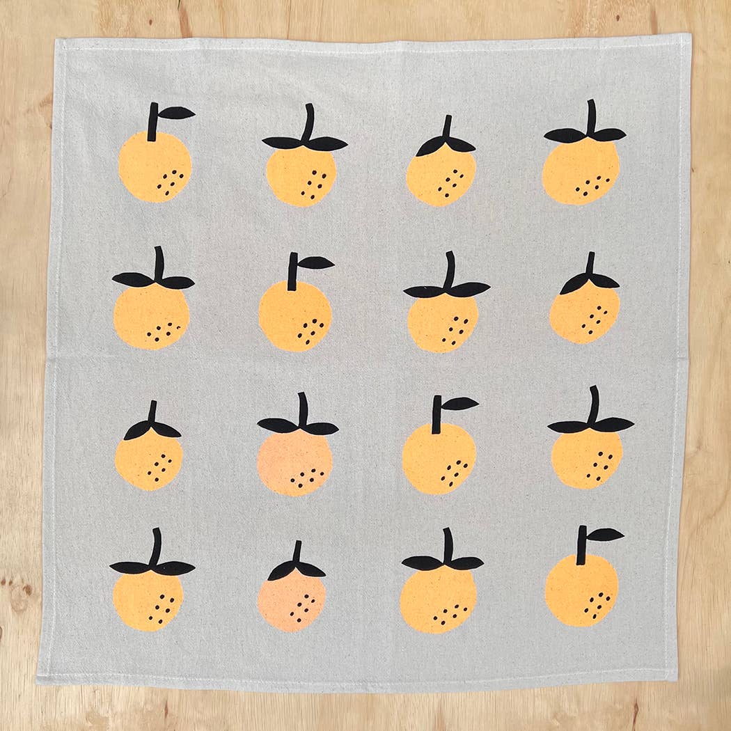 Orange screen printed tea towel