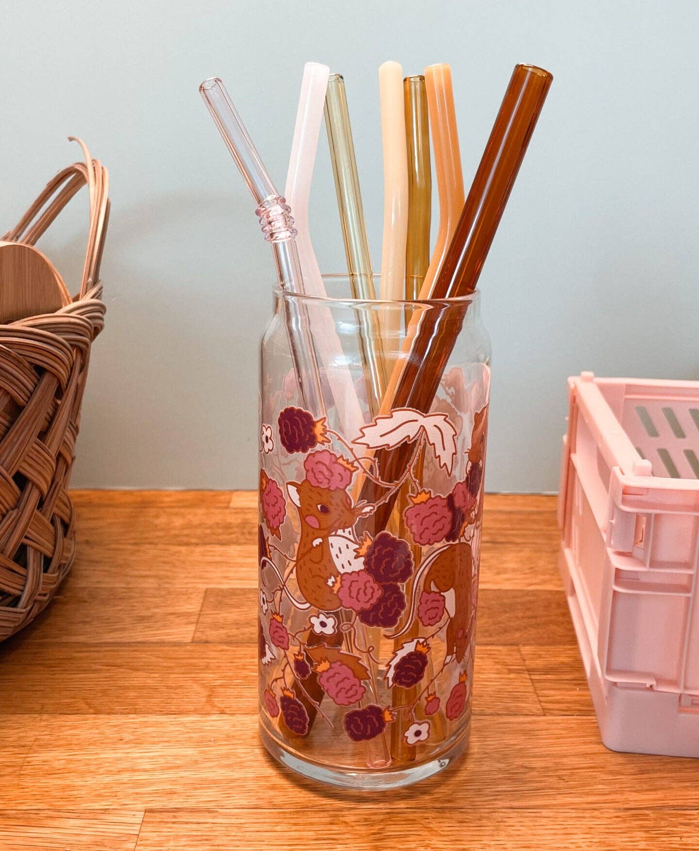 Raspberry Mouse 20 oz Can Glass | cute mice & berries