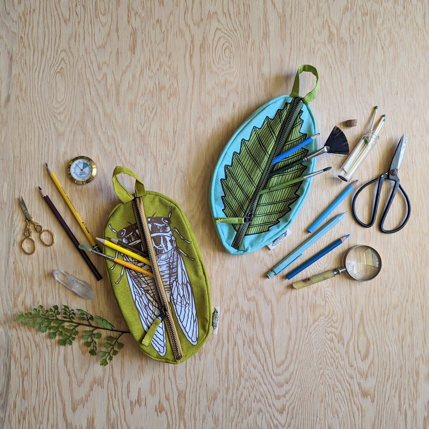 Zippered pouch | cicada - yellow & brown bug/insect pencil, supply, makeup bag with waterproof lining