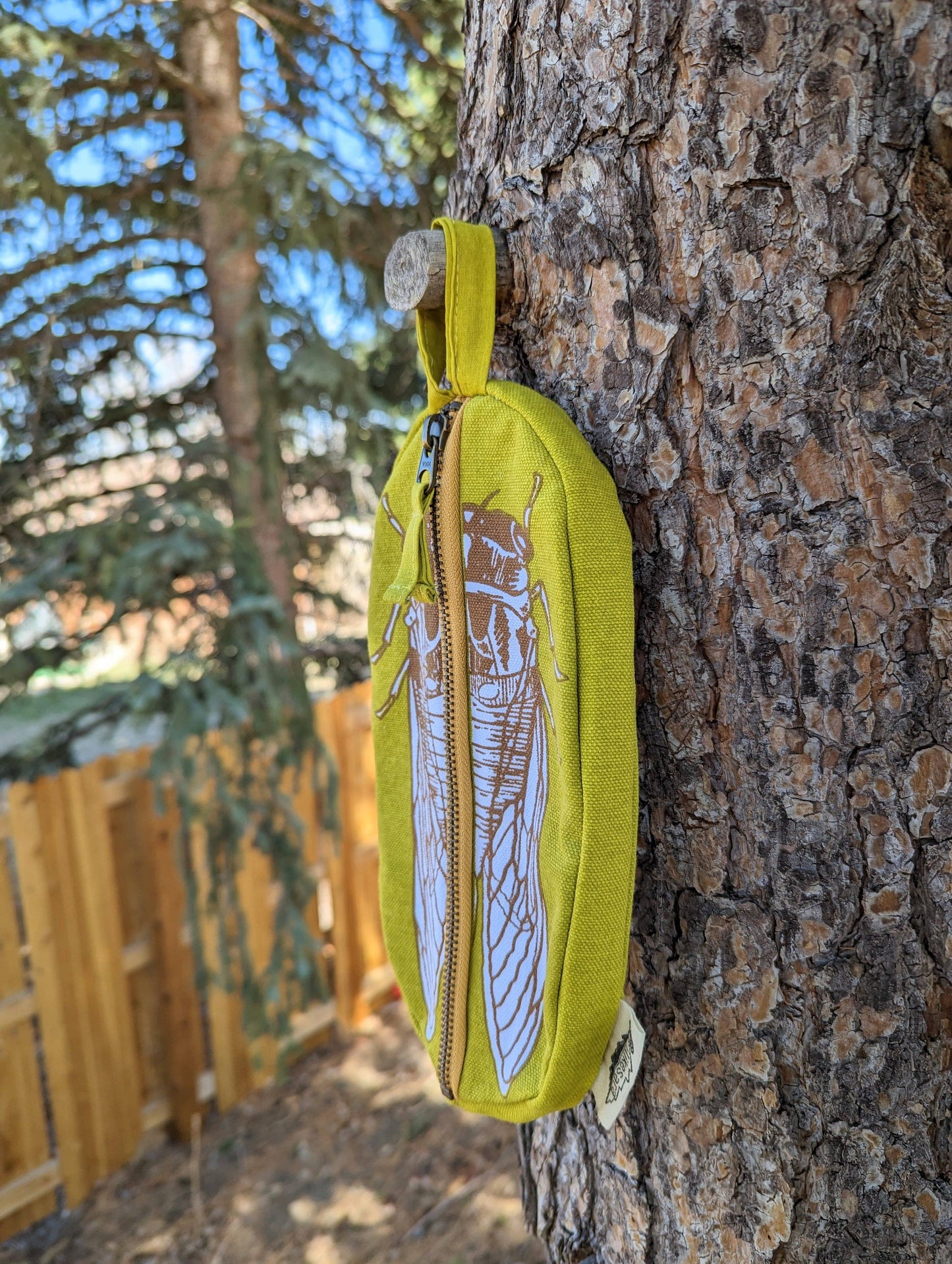 Zippered pouch | cicada - yellow & brown bug/insect pencil, supply, makeup bag with waterproof lining
