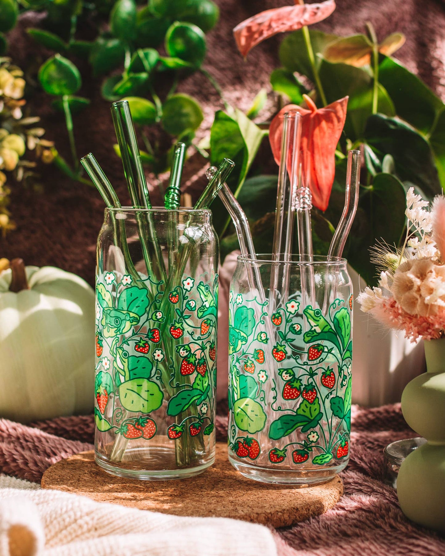 Strawberry Frog Can Glass | cottage core, berries & frogs