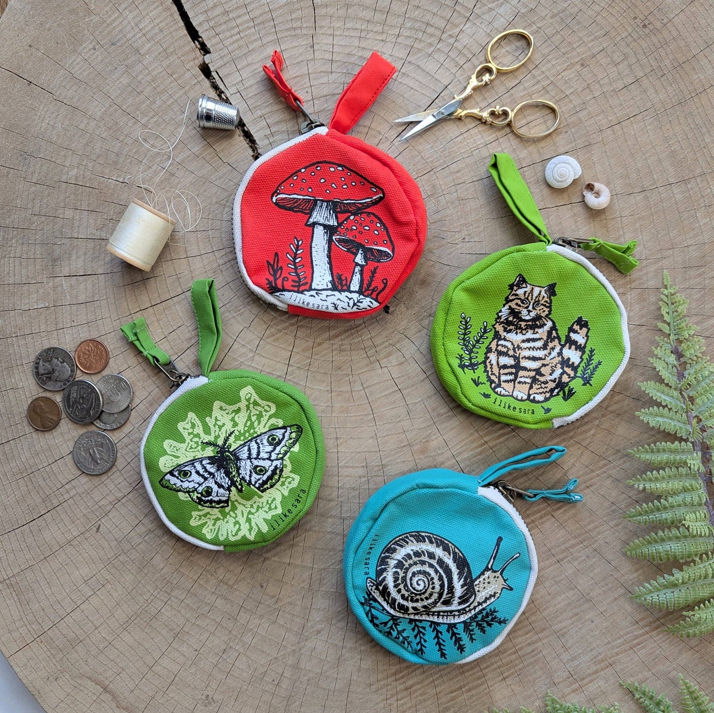 Coin pouch | snail - teal zipper bag with waterproof lining