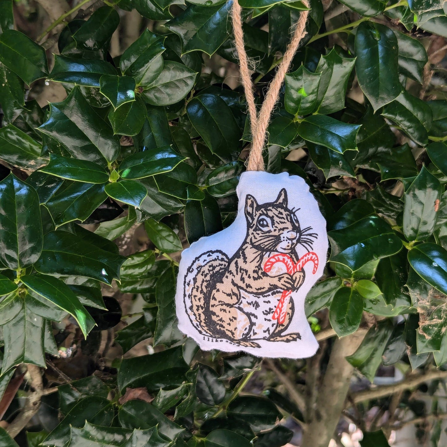 Stuffed plush ornament | squirrel with candy canes - hand-screenprinted forest woodland holiday Christmas decor