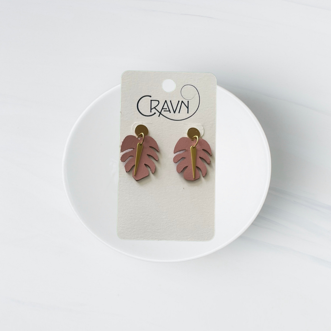 Small Leather Monstera Earrings - Multiple Colors