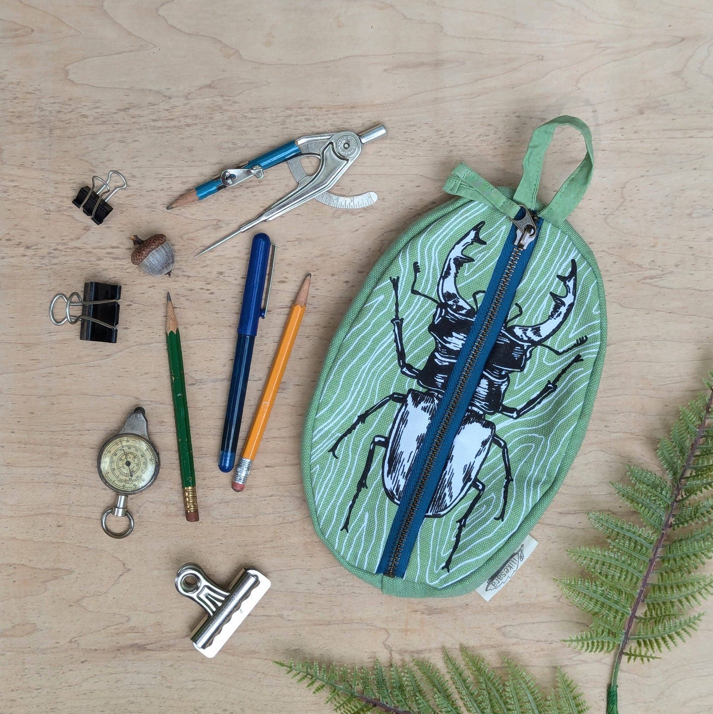 Zippered pouch | stag beetle - green insect/bug pencil, supply, makeup bag with waterproof lining