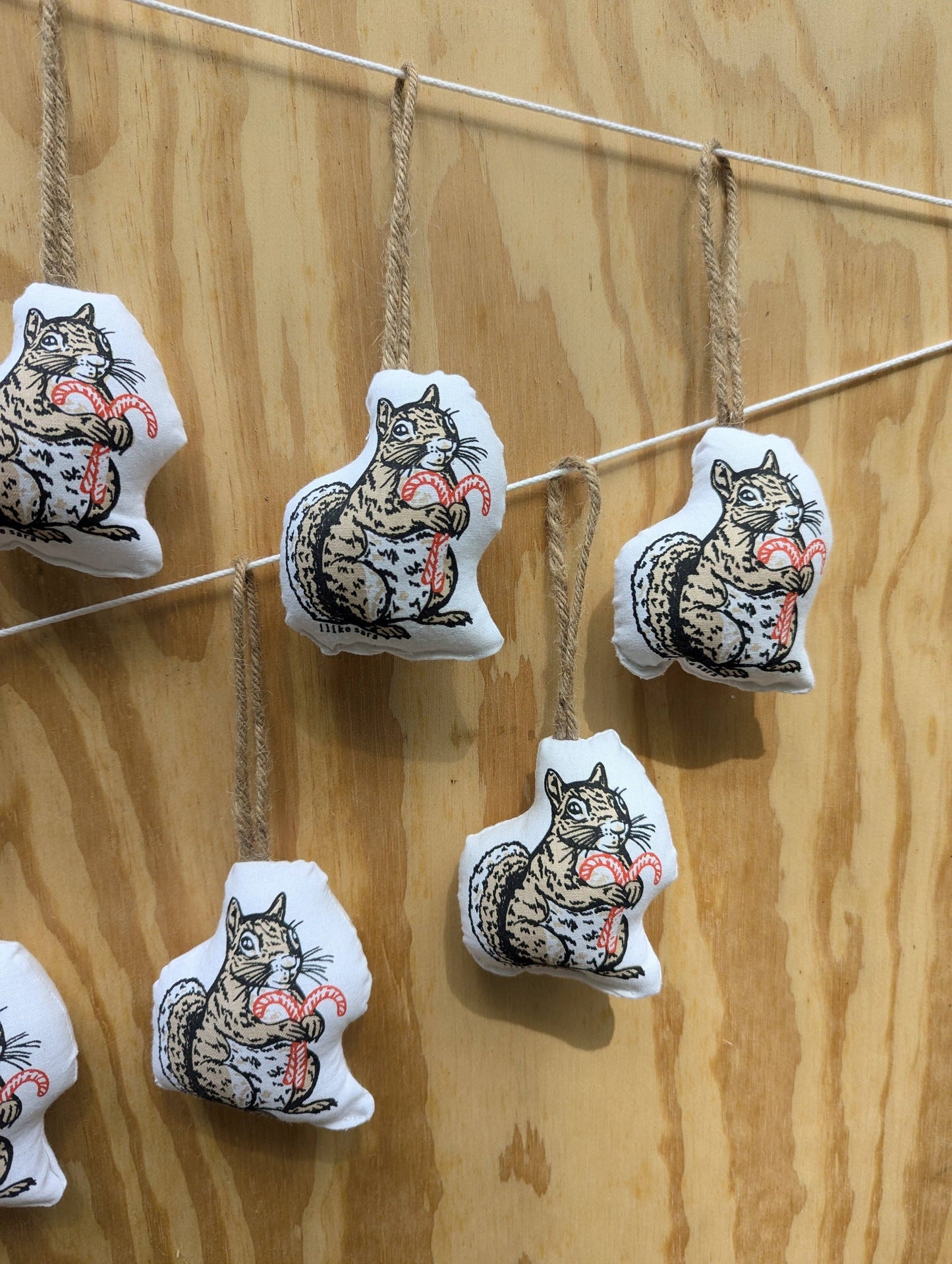 Stuffed plush ornament | squirrel with candy canes - hand-screenprinted forest woodland holiday Christmas decor