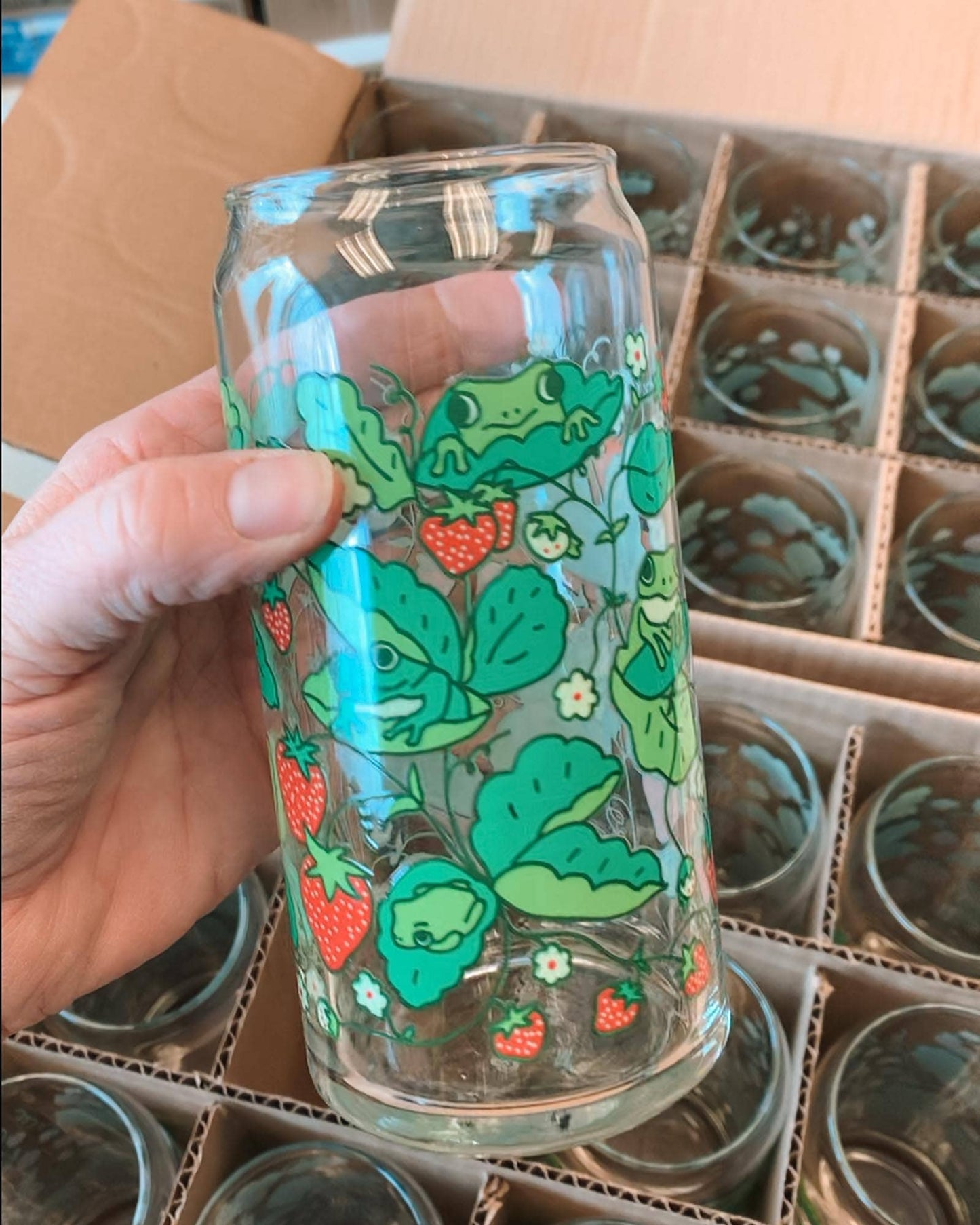 Strawberry Frog Can Glass | cottage core, berries & frogs