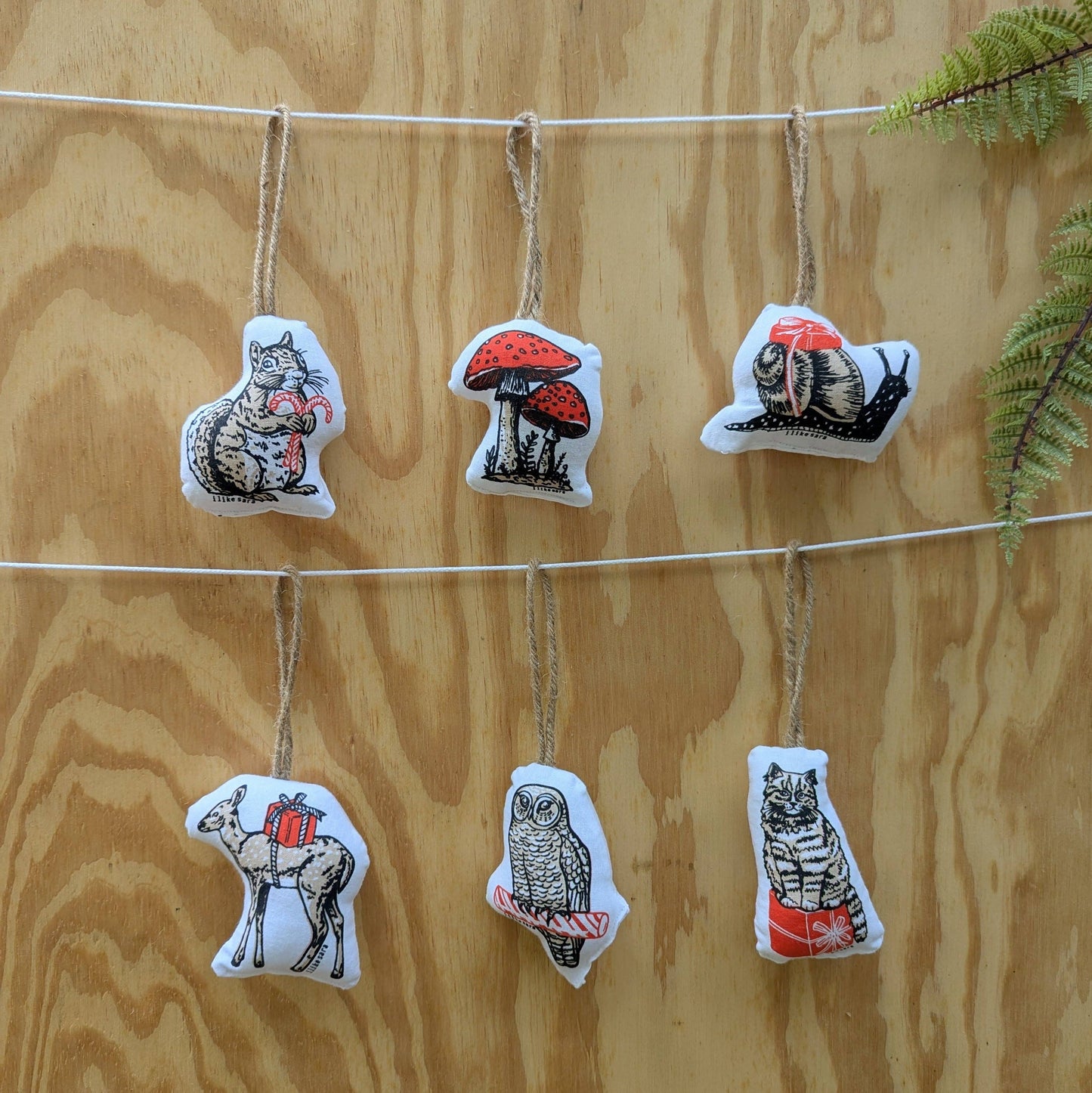 Stuffed plush ornament | squirrel with candy canes - hand-screenprinted forest woodland holiday Christmas decor