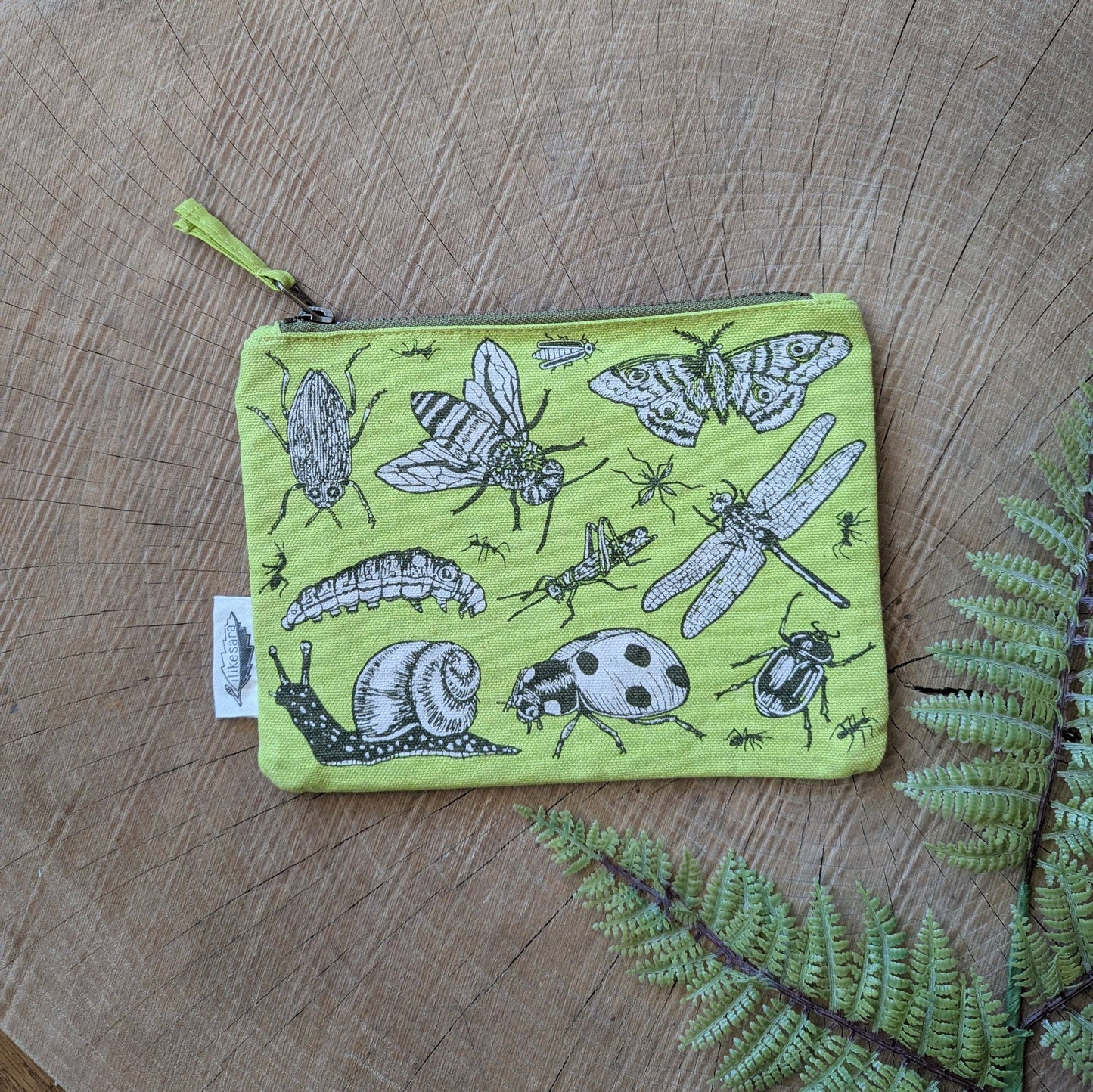 Zippered pouch | insecta - light green pencil, supply, makeup bag with waterproof lining