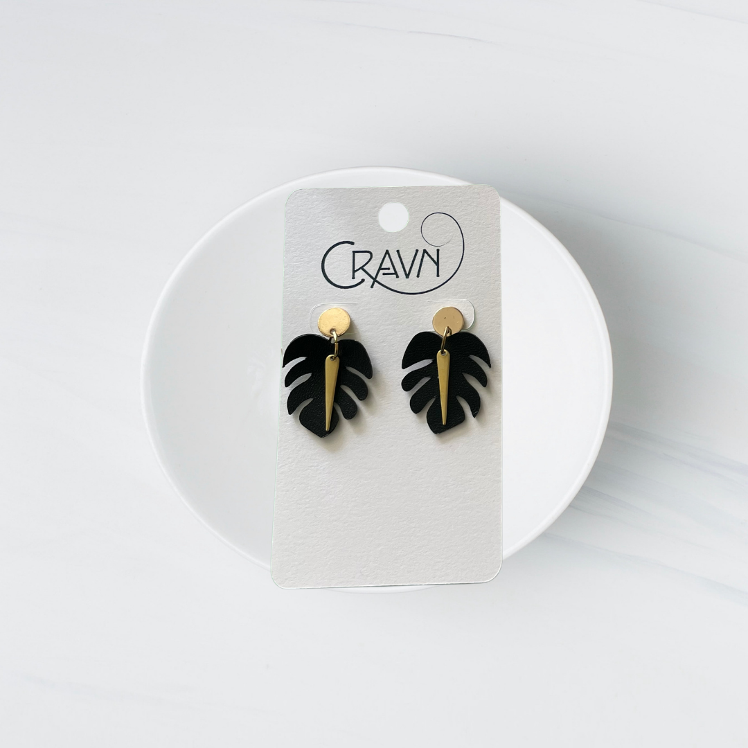 Small Leather Monstera Earrings - Multiple Colors