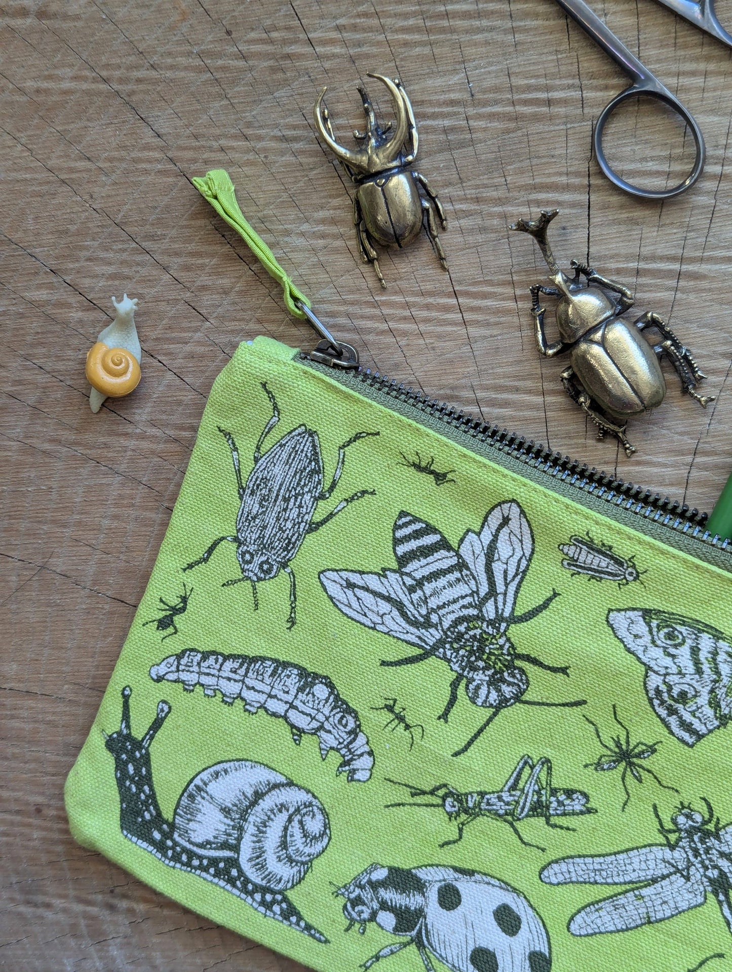 Zippered pouch | insecta - light green pencil, supply, makeup bag with waterproof lining