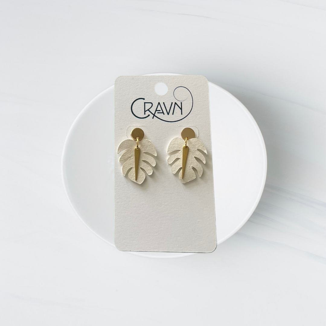 Small Leather Monstera Earrings - Multiple Colors