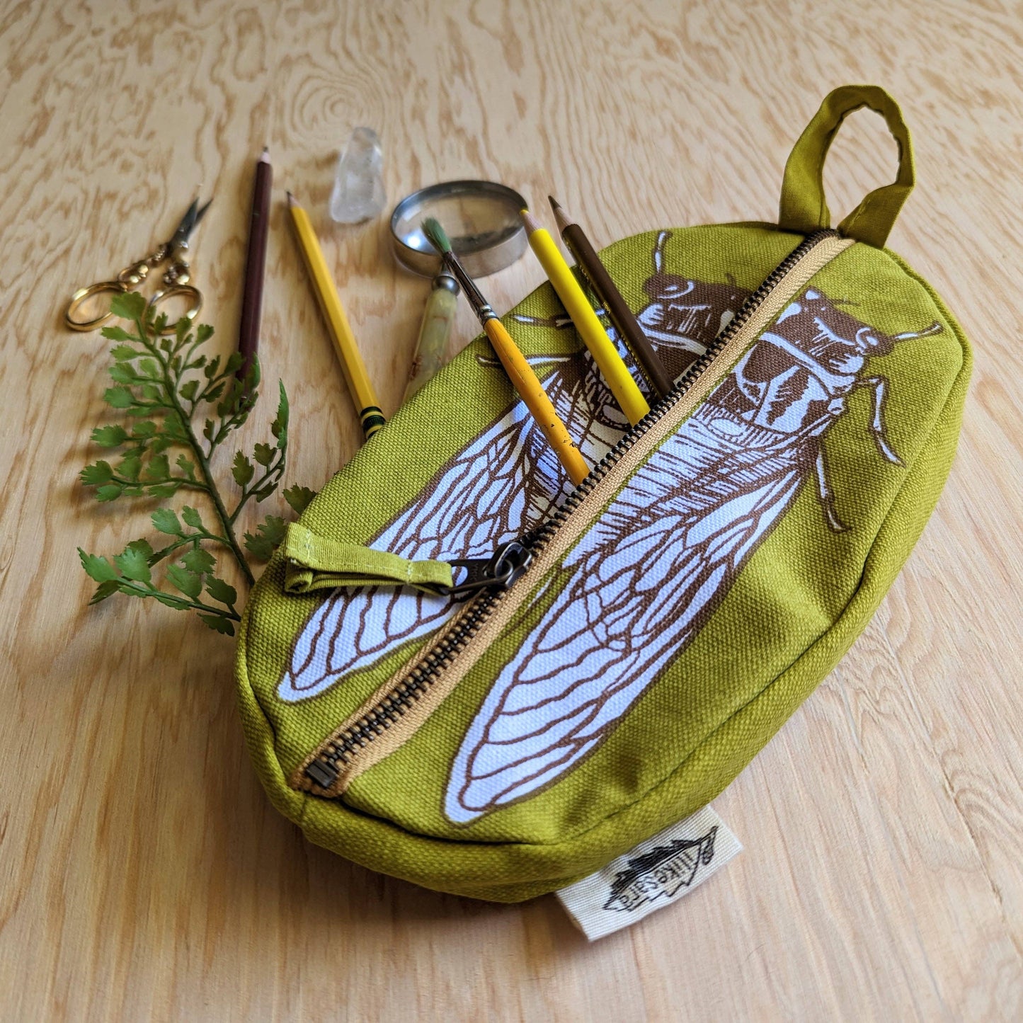 Zippered pouch | cicada - yellow & brown bug/insect pencil, supply, makeup bag with waterproof lining