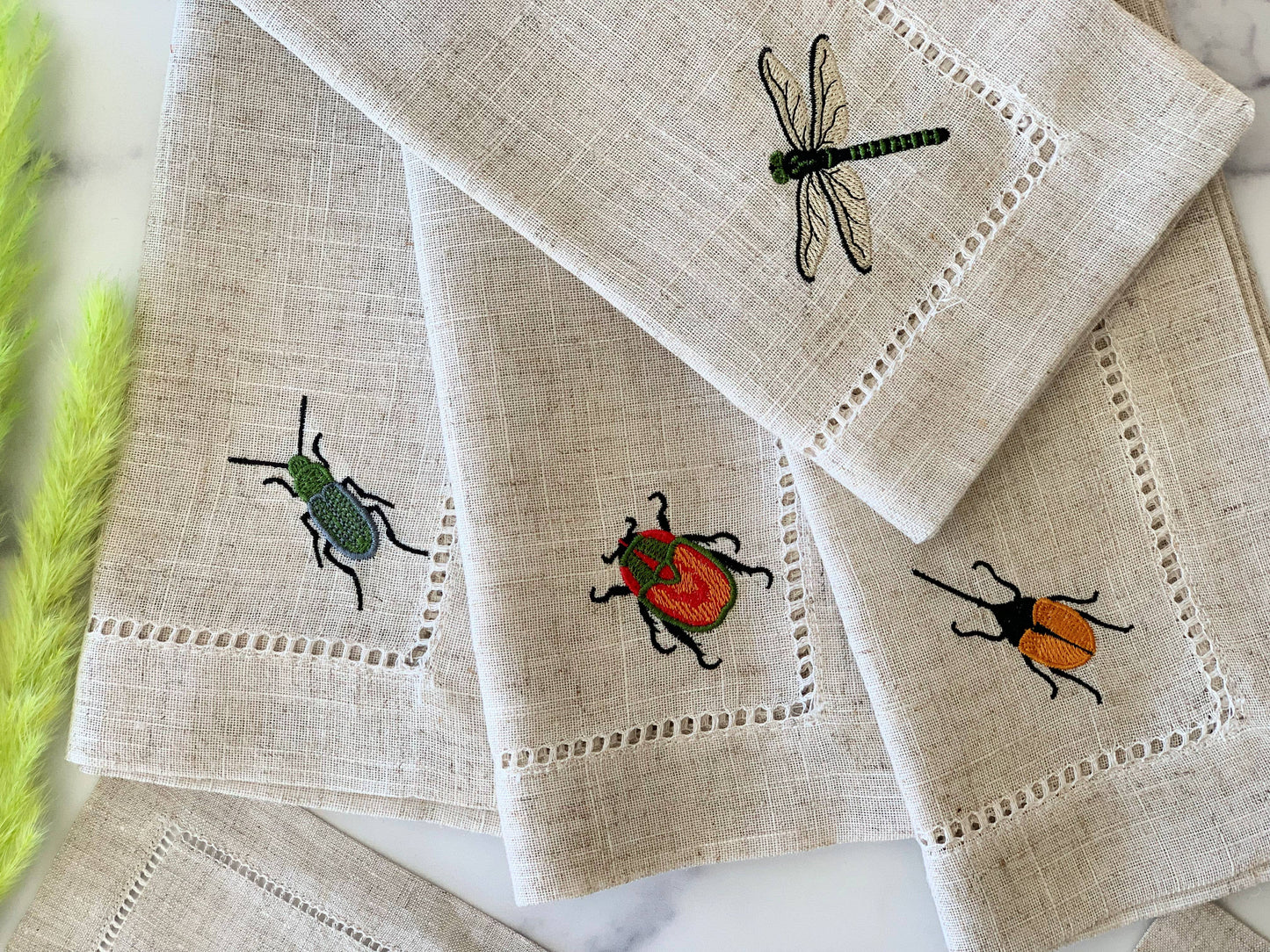 Insect Embroidered Coasters and Dinner Napkins, set of four