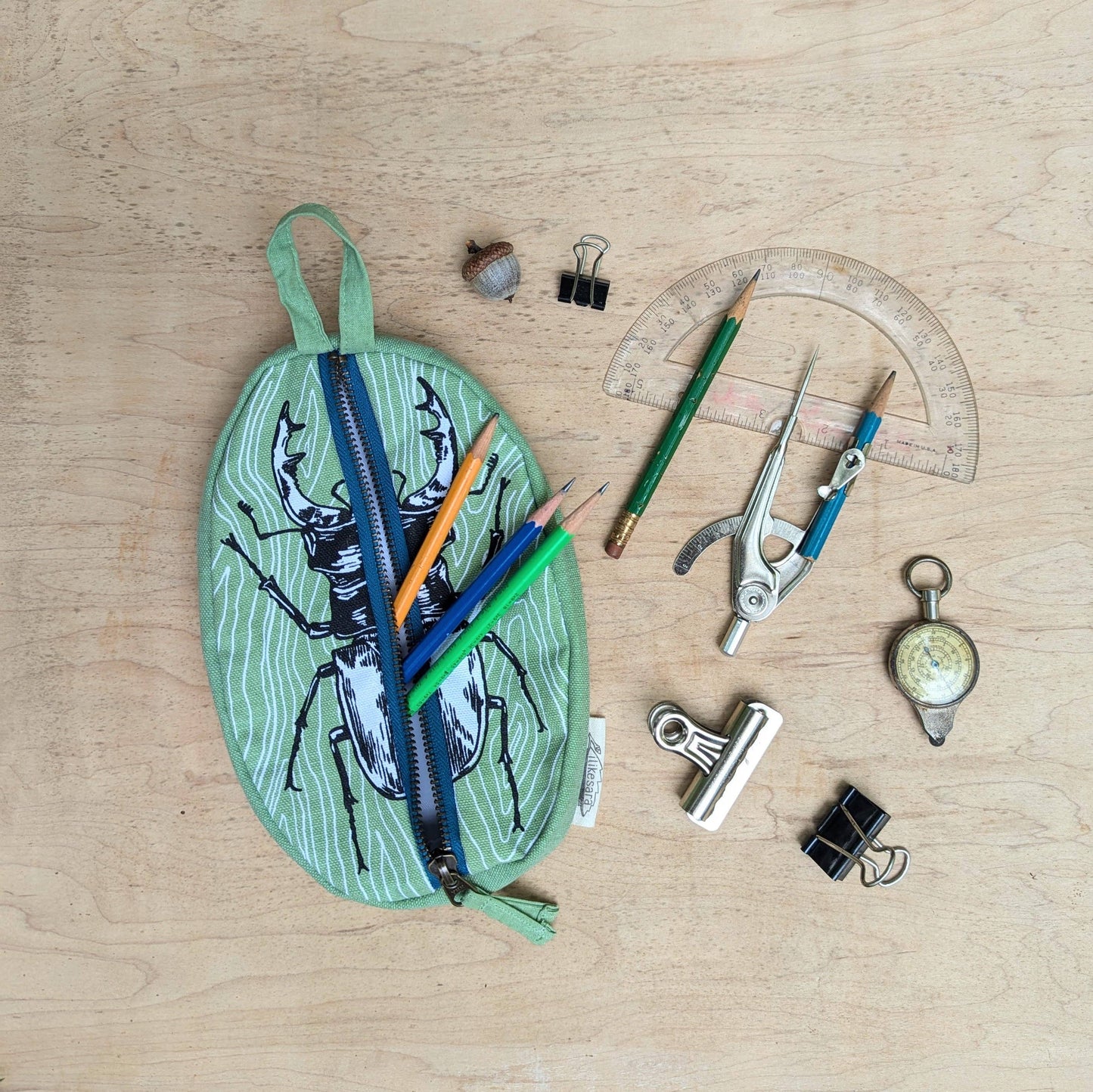 Zippered pouch | stag beetle - green insect/bug pencil, supply, makeup bag with waterproof lining