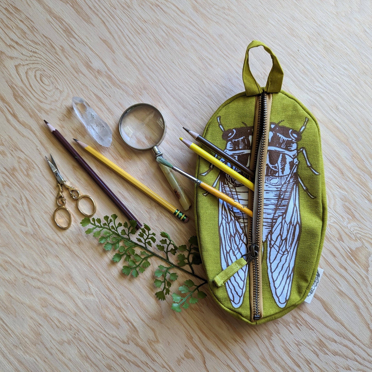 Zippered pouch | cicada - yellow & brown bug/insect pencil, supply, makeup bag with waterproof lining