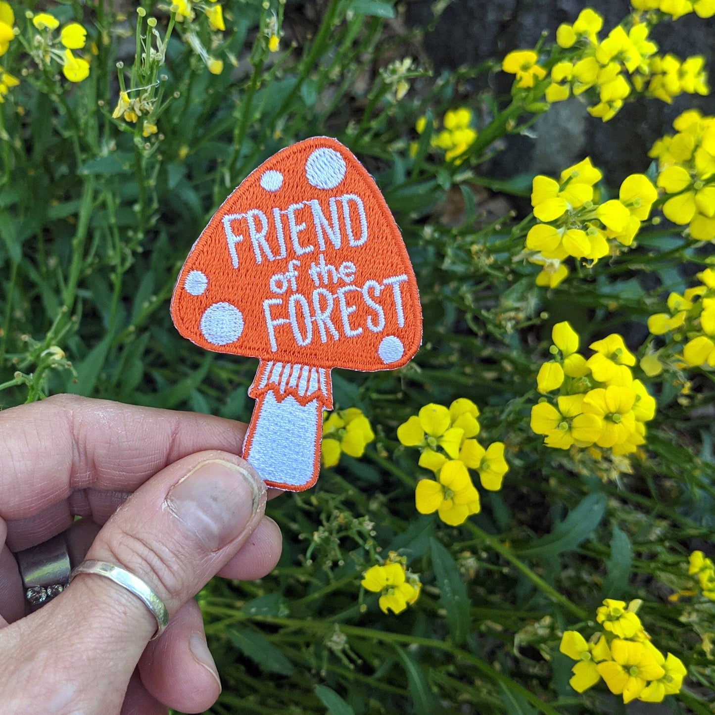 Iron-on patch | friend of the forest mushroom - red orange 1.75" x 2.5"