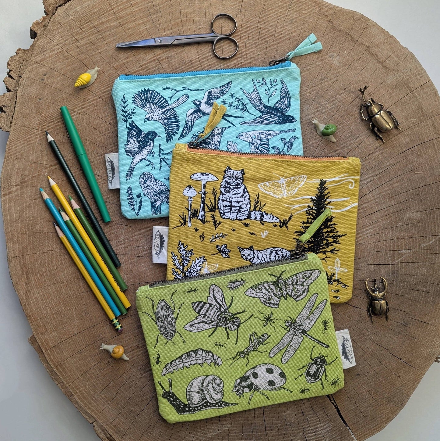 Zippered pouch | insecta - light green pencil, supply, makeup bag with waterproof lining