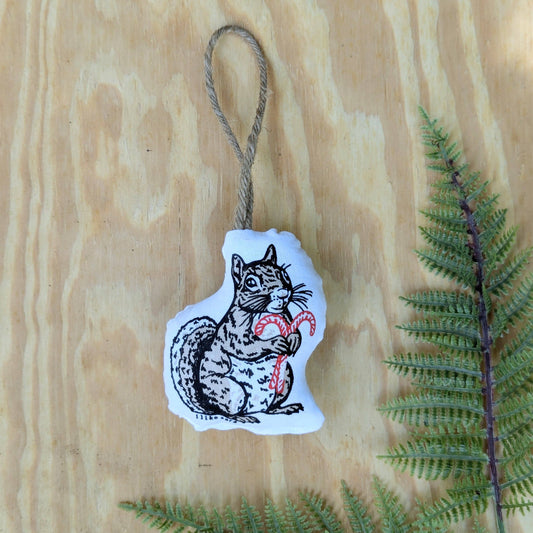 Stuffed plush ornament | squirrel with candy canes - hand-screenprinted forest woodland holiday Christmas decor
