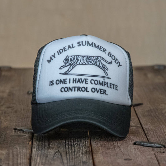 Trucker Hat | Hand Printed | My Ideal Summer Body Tiger | Black Hat