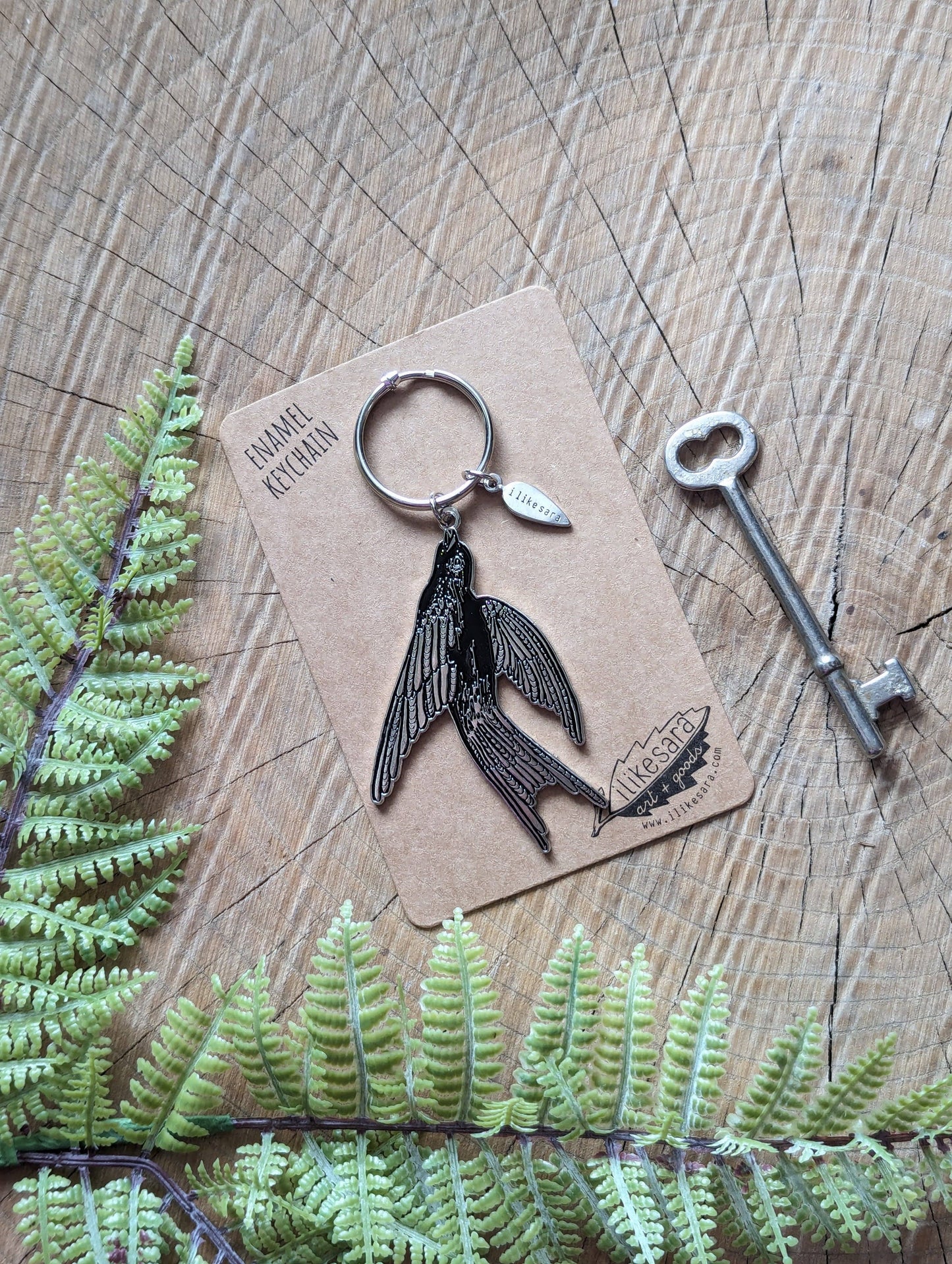 Metal enamel keychain / purse charm | flying black bird