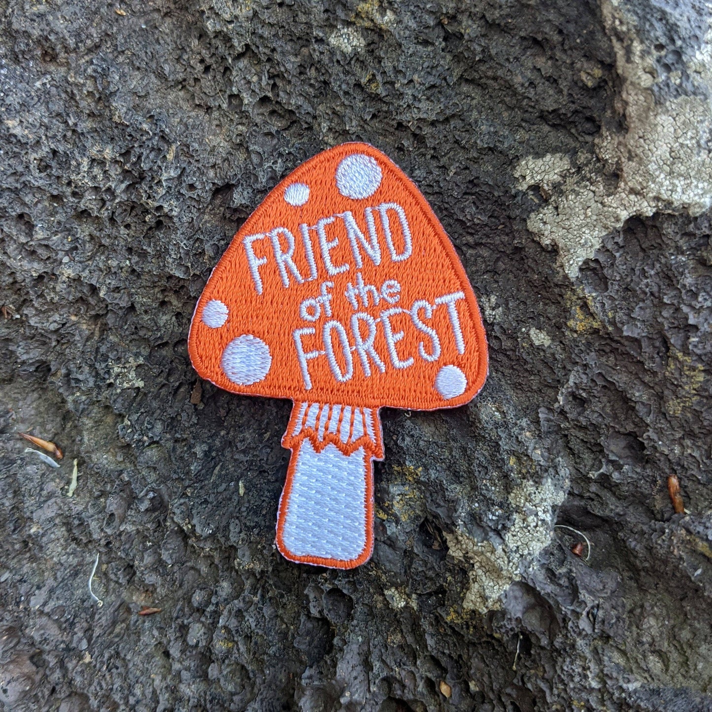 Iron-on patch | friend of the forest mushroom - red orange 1.75" x 2.5"
