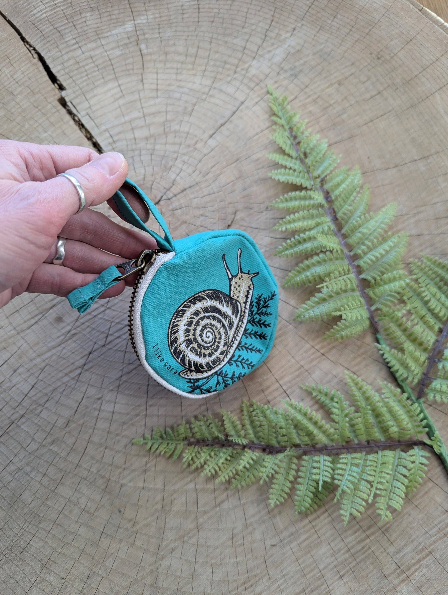 Coin pouch | snail - teal zipper bag with waterproof lining