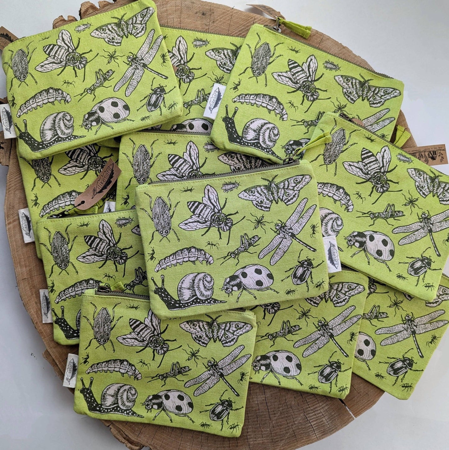 Zippered pouch | insecta - light green pencil, supply, makeup bag with waterproof lining