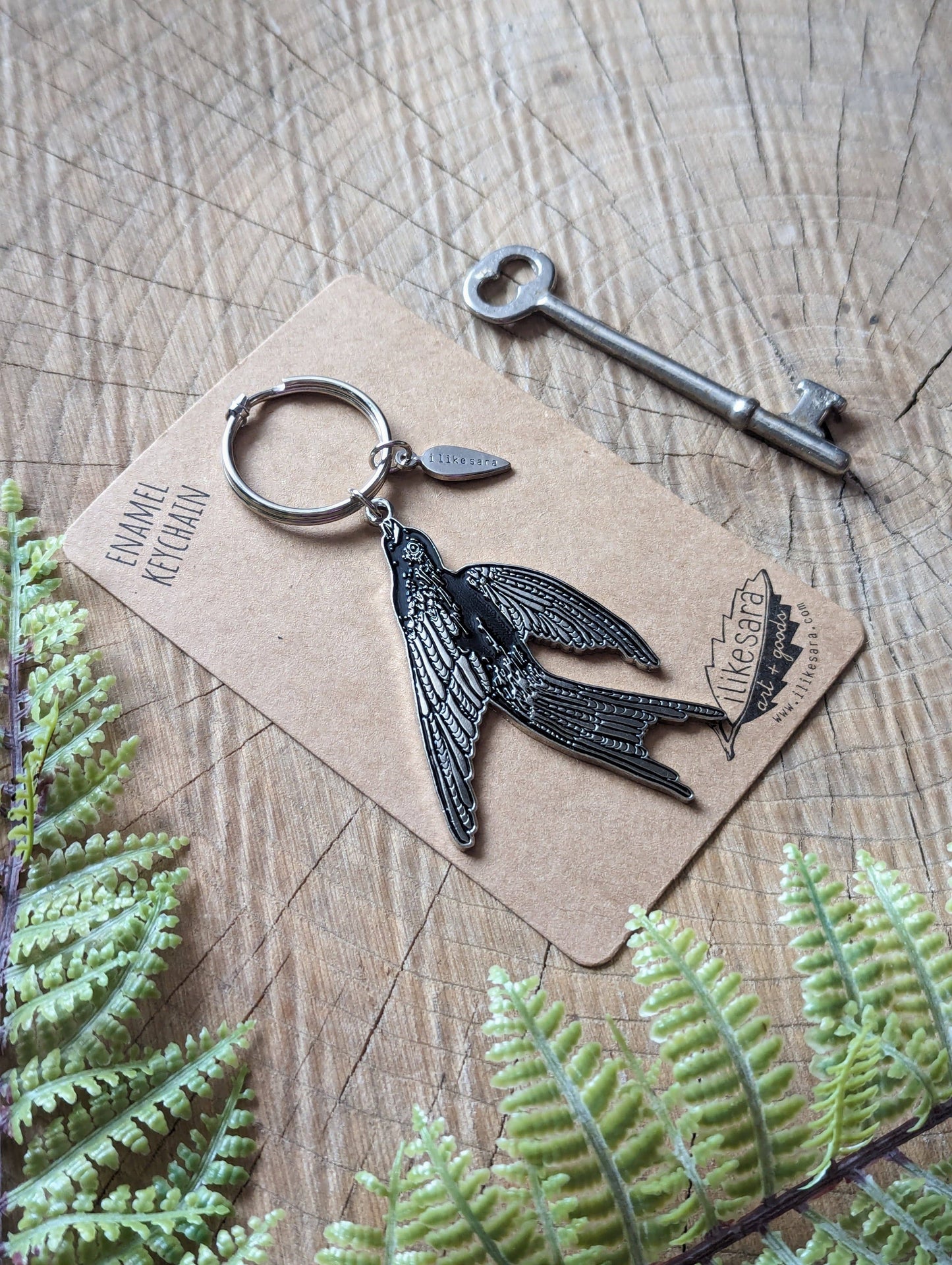 Metal enamel keychain / purse charm | flying black bird