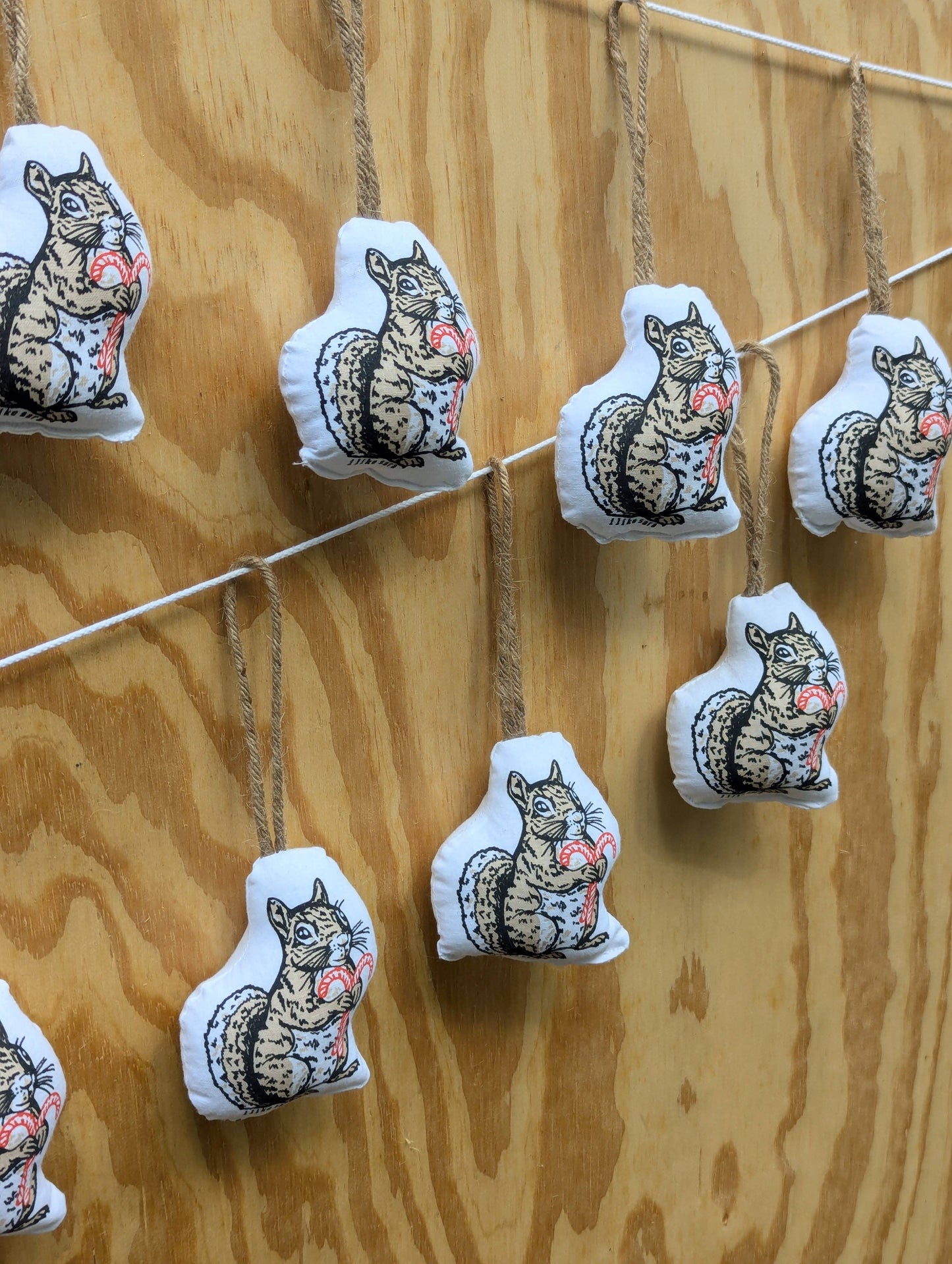 Stuffed plush ornament | squirrel with candy canes - hand-screenprinted forest woodland holiday Christmas decor