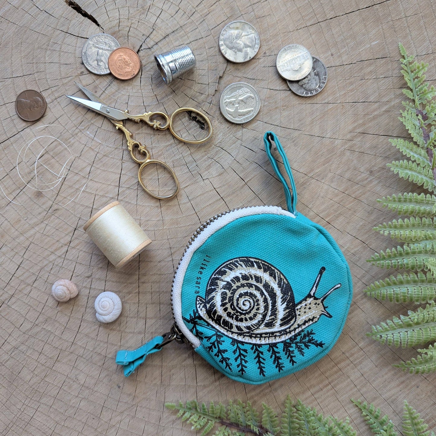 Coin pouch | snail - teal zipper bag with waterproof lining