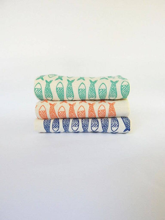 Fish Kitchen Towel, Handprinted Tea Towel, Coastal Towel