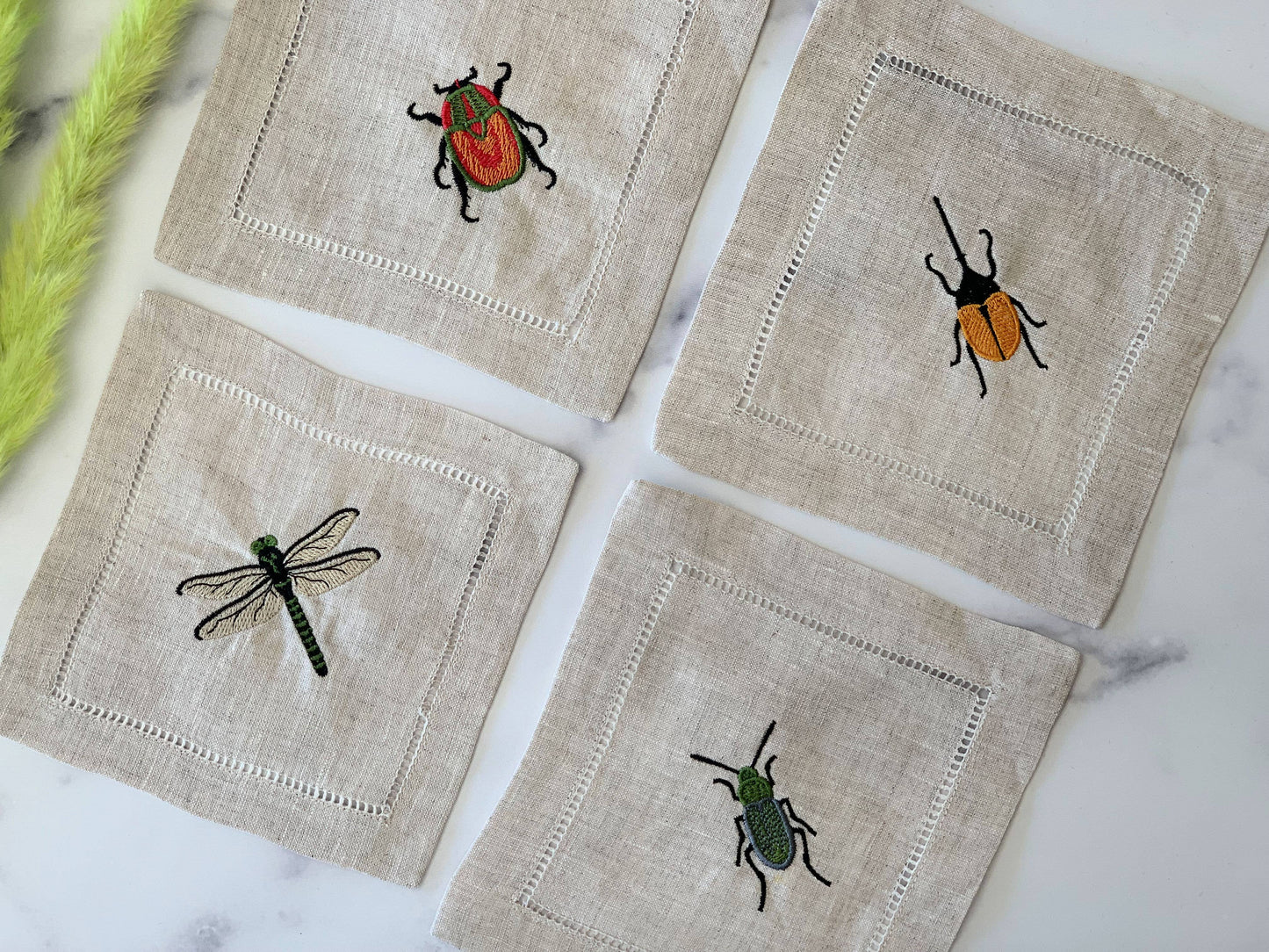 Insect Embroidered Coasters and Dinner Napkins, set of four